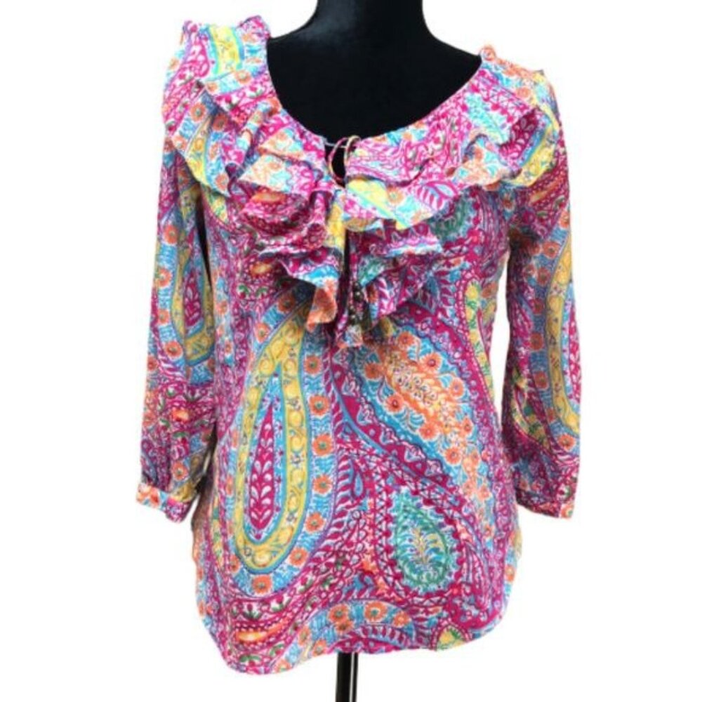 Ralph Lauren Blouse Womens XS Petite Bright Color Paisley Ruffle Peasant Shirt